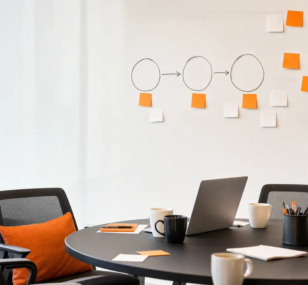 Meeting table with a simple three-step plan sketched on a glass wall