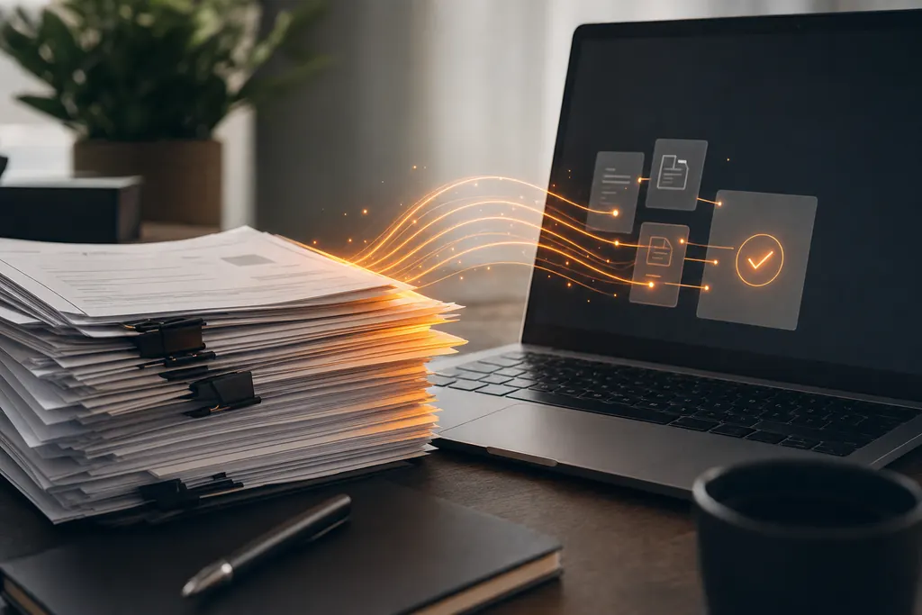 Paper invoices beside a laptop, with light lines flowing from the papers into the screen
