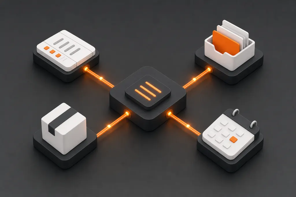 Illustration of a ledger, inbox, parcel and calendar connected by glowing pipelines